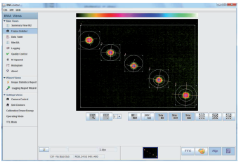 A screenshot of the beam analyser software showing spatial time slices of a focused CO2 laser beam in real time