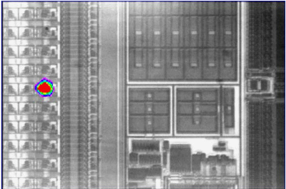 Photon emission image superimposed on a chip layout image