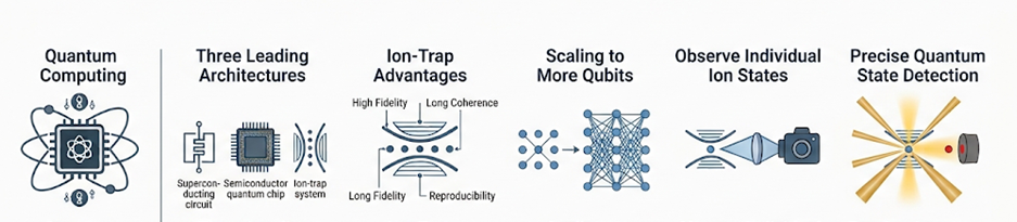 Figure 1: From quantum computing architectures to precision ion-state detection.