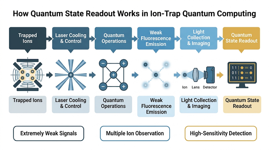 Figure 2:  Simplified quantum state readout process in an ion-trap quantum computing system.